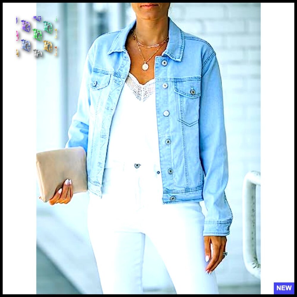 Stretch Fitted Denim Jacket Button Down Long Sleeves Classic Chic Casual - Picture 2 of 7